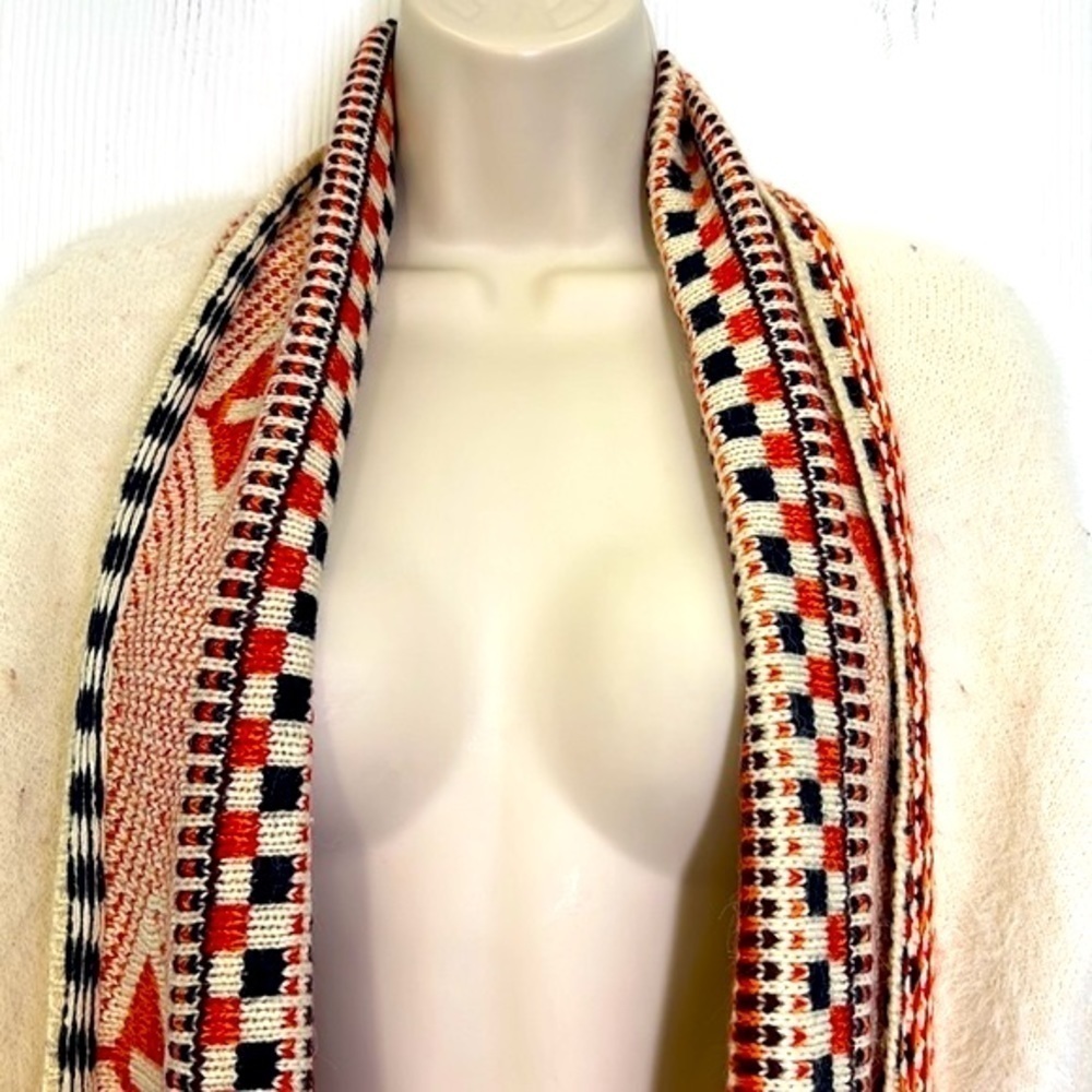 MAX SPORT - Ivory & Orange Long Boho Peruvian Fringe Beautiful Open Cardigan M - Picture 7 of 13